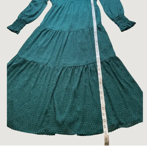 Ryegrass Hunter Green Clip Dot Smocked Tiered Maxi Dress Small VNeck Long Sleeve - Image 7