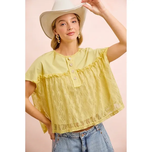 BiBi Solid Jersey With Lace Combo Ruffled Buttoned Top - Image 7