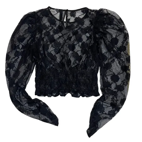 H&M Black Lace Puff Sleeve Top Sheer Romantic Coquette Going Out Blouse - Image 2