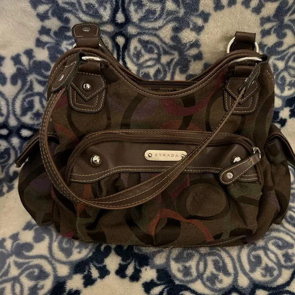 Strada Brown Canvas Shoulder Bag W/ Faux Leather Accents - Image 3