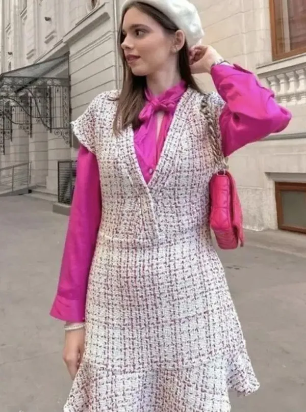 Zara Textured Weave Tweed Dress With Ruffles - Image 5