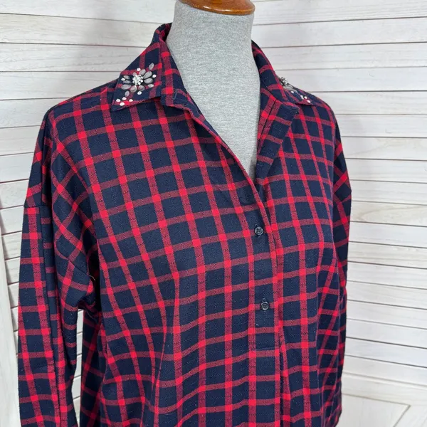 Zara Plaid Beaded Collar Oversized Pullover‎ Tunic Shirt Dress Red Blue XS - Image 8