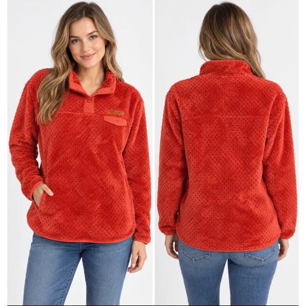 Simply Southern Sherpa Pullover Women's XL Rust Fleece Snap Neck Pocket Sweater - Image 2