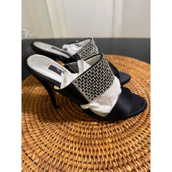 Nina Black Satin Rhinestone Buckle Mule Heels Stiletto Sandals 7M EUR 37 - Image 2