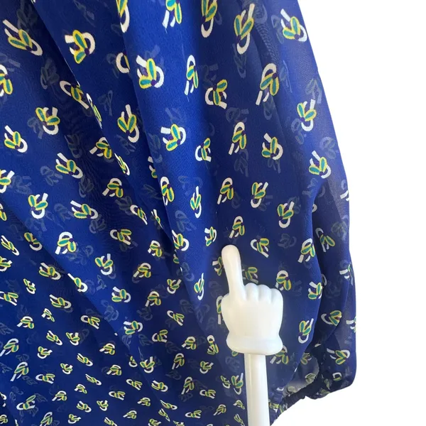 DLEIONE Sheer Bow Print Blouse‎ Blue Tie Neck Long Sleeve L Made in USA - Image 6