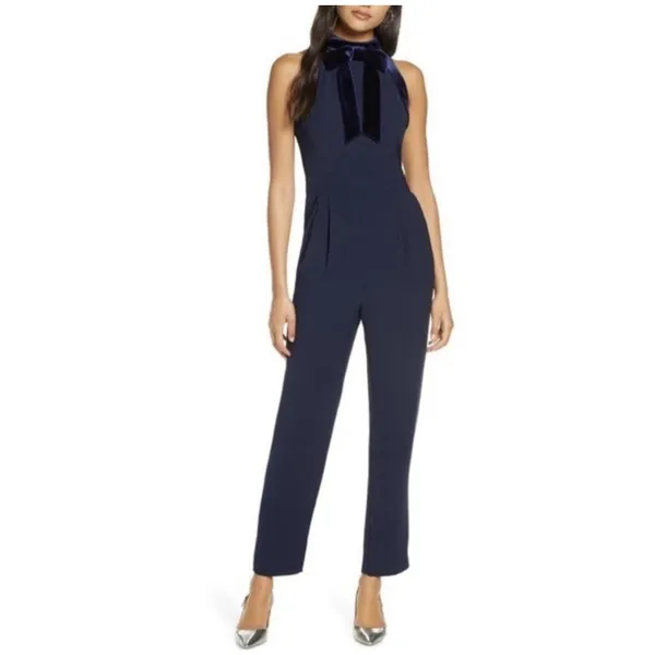 1901 Women's Velvet Trim Halter Jumpsuit with Bow Dark Blue‎ Size 8 Ultrachic - Image 2