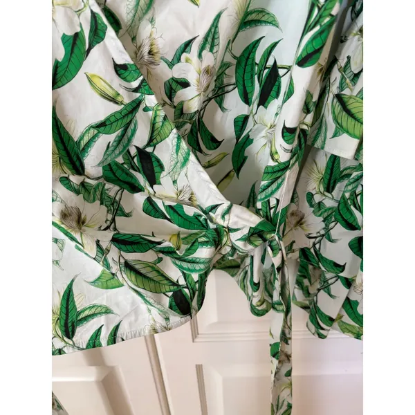 Boston Proper Floral Leaf Print Tiered Ruffle Sleeve Wrap Top Green White S - Image 5