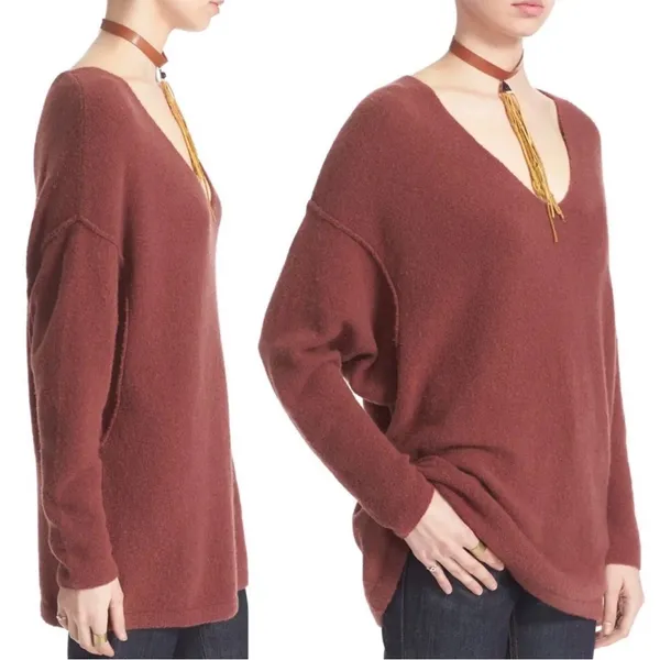 Free People Deep V-Neck Sweater Women S Rust Wool Blend Oversized‎ Tunic Pockets - Image 3