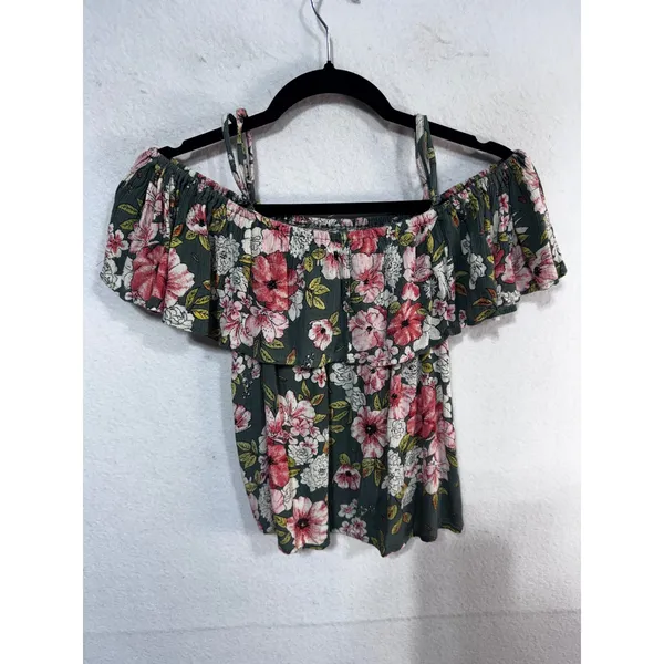 Billabong Green Floral Off-the-Shoulder Ruffle Top Small Boho Tropical Tourist - Image 4