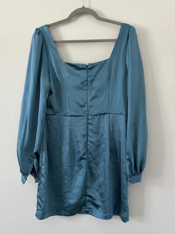 Lulu’s Got The Love Slate Blue Satin Square Neck Mini Long Sleeve Dress Medium - Image 6