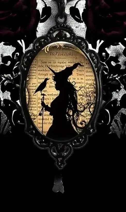 Witch And Raven Cameo Black Pendant, Vintage Style Gothic Crow Glass‎ Pendant - Image 2