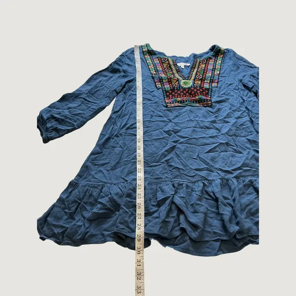 Entro Blue Embroidered Bib Ruffle Hem Mini Dress Boho Long Sleeve D3748 Small - Image 7