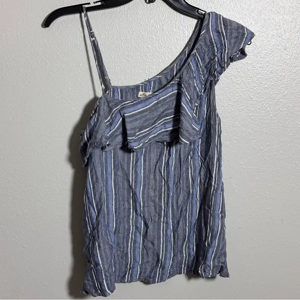 Hollister Women Blue Striped One-Shoulder‎ Blouse Ruffle size S - Image 2