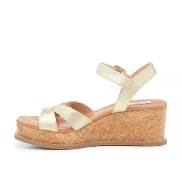 NIB Steve Madden Sz 6 Gold Metallic Leather Robbin Cork Wedge Ankle Strap Sandal - Image 2