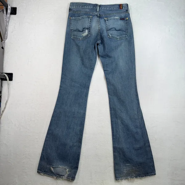 7 For All Mankind 27 Jeans Flare Low Rise Boho Retro Distressed Medium Blue Wash - Image 14
