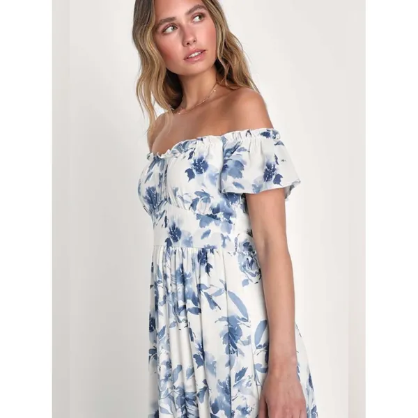 Lulus Delightfully Sweet White Floral Off-the-Shoulder Midi Dress Size XL Beach - Image 3