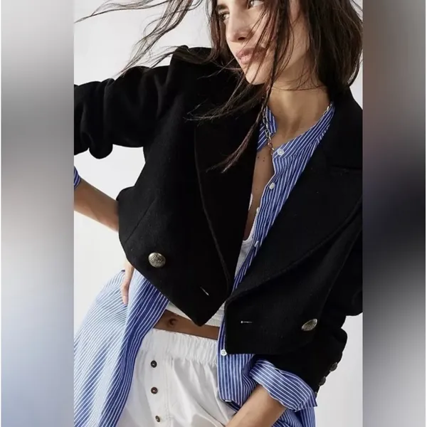 Free People Perry Black Wool Cropped Blazer Jacket Old Money Preppy‎ Buttons - Image 2