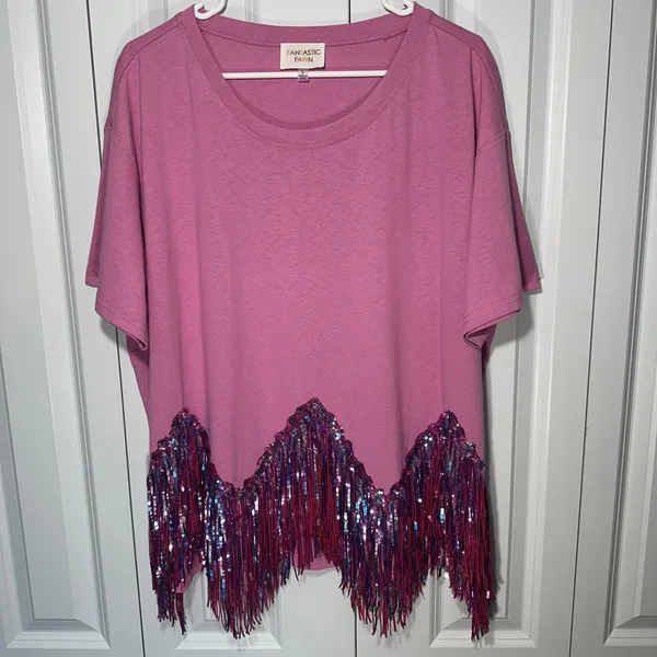Fantastic Fawn Sequin Fringe Top L Pink Cotton Festival Concert Western Eras - Image 2