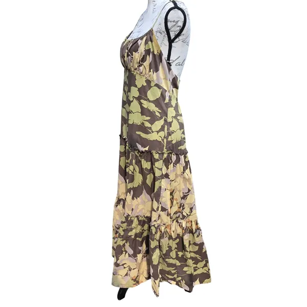 BCBGMAXAZRIA Brown Floral Tiered Maxi Dress Silk Lining Open Back Size Medium - Image 5