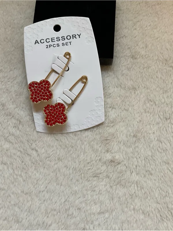 Appleseed's Gold Safety Pin Earrings with Red Clover Charms - Image 2