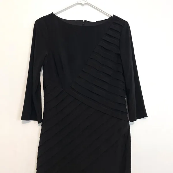 ADRIANNA PAPELL Black Shutter Pleat Pleated 3/4 Sleeve Jersey Knit Sheath Dress - Image 6