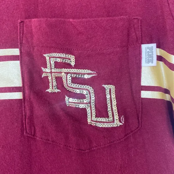 Pink Victoria Secret w/5th & Ocean FSU UNCONQUERED Graphic Tee sequin women sz S - Image 4