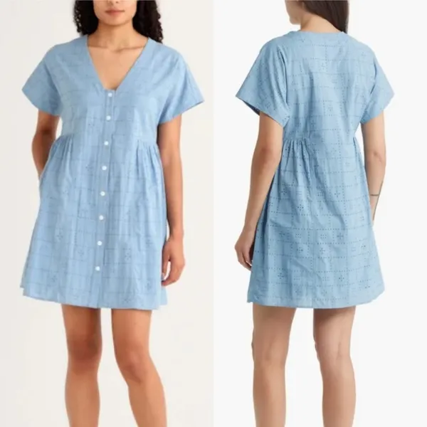 Madewell Eyelet Button-Front V-Neck Mini Dress Large Blue - Image 3
