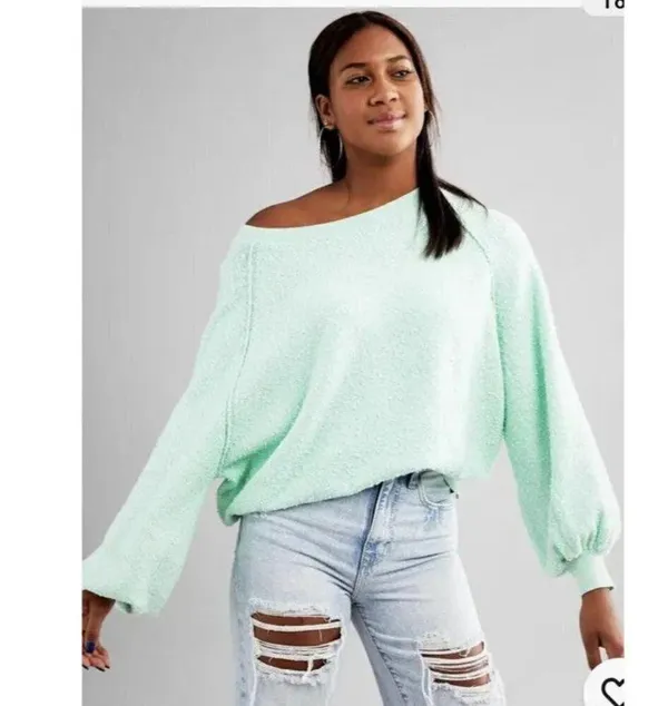 FREE PEOPLE Found My Friend Bouclé Pullover in Misty Jade Size Small - Image 8