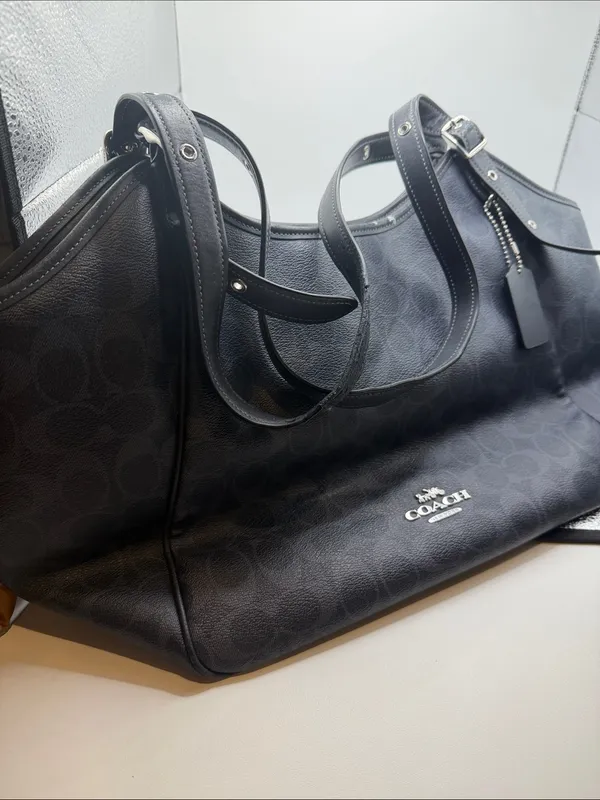 Coach Black Meadow Shoulder Bag in Signature Canvas Dual Straps Brown Interior - Image 4