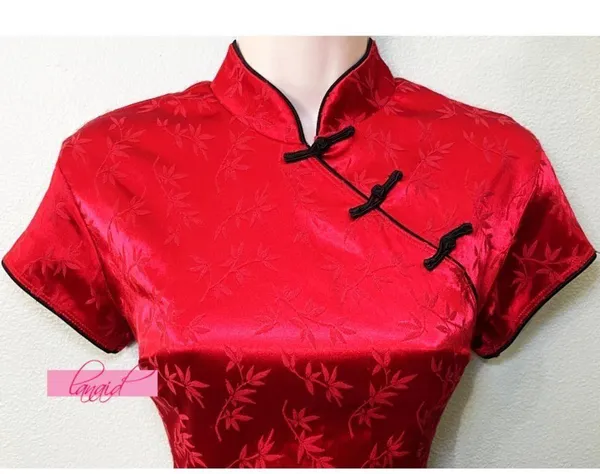 Asian Chinese Oriental Japanese Red Satin Stretchy Mandarin Short Sleeve Dress S - Image 9