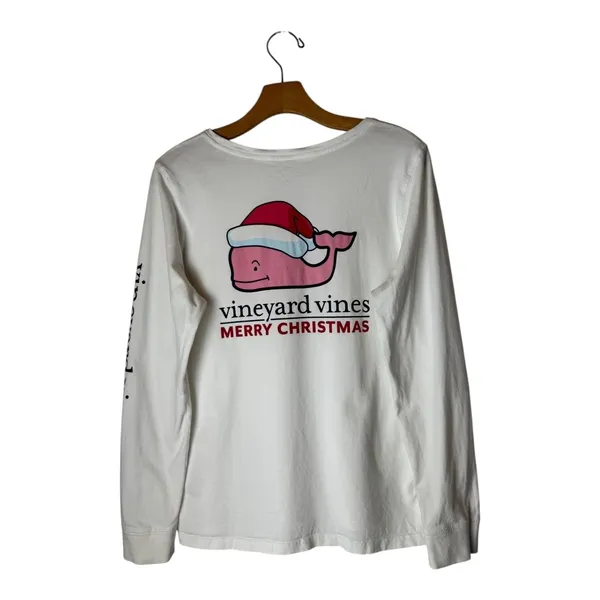 Vineyard Vines Shirt‎ Women Medium White Long Sleeve Christmas Whale Pocket Tee - Image 3