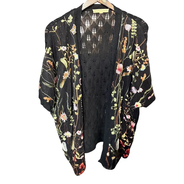 Mesh + Lace Black Floral Embroidered Pointelle Knit Kimono Cardigan Large S3281M - Image 12