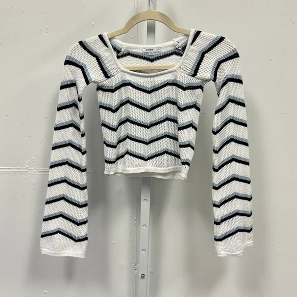 Subdued Chevron Zigzag Cropped Knit Top White Blue Square Neck Size S USA 4 Boho - Image 2