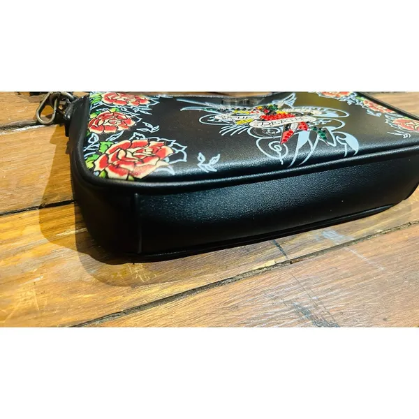 ED HARDY Y2K Black Red True Til Death Faux Leather Roses Shoulder Bag Purse - Image 4