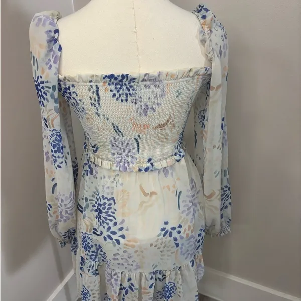 Wilfred‎ Aritzia Smocked Mini Dress Blue Floral Square Neck Long Sleeve XS - Image 3