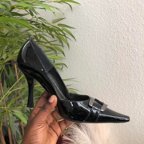 BCBGirls Y2K Patent Black silver buckle office siren core preppy academia high heels 3” stiletto-6B #gothic #whimsygoth - Image 2