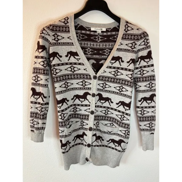 Forever 21 Horse Fair Isle Cardigan Sweater Grey Brown Southwestern Equestrian S - Image 4