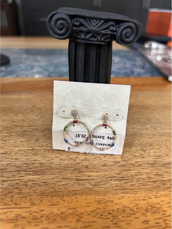 Gold-tone Hoop Earrings with Multicolor Gem Accents - Image 4
