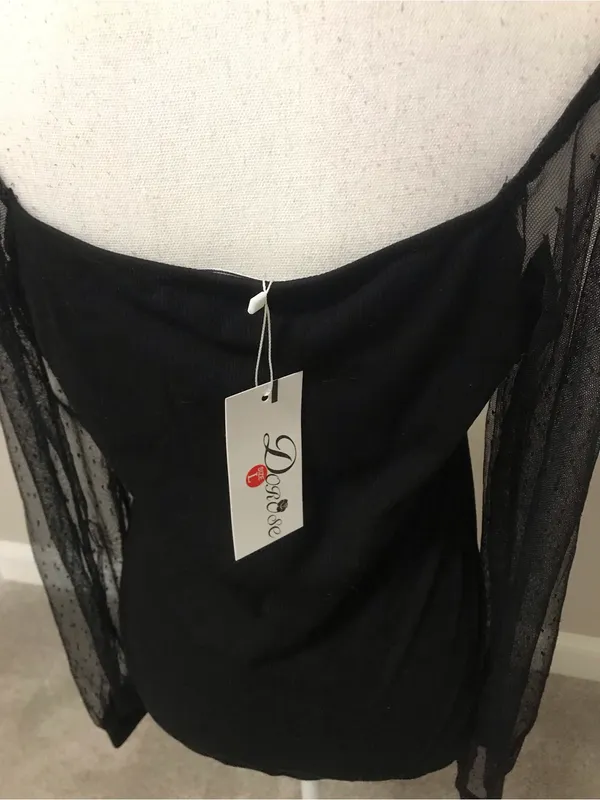NWT Sheer Dot Mesh Sleeve Black Women's Top - Image 7