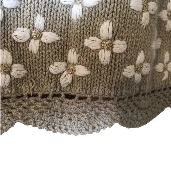 Vintage 90s Tan Floral Embroider Knit Gold poms Cottagecore Grandmacore Sweater - Image 11