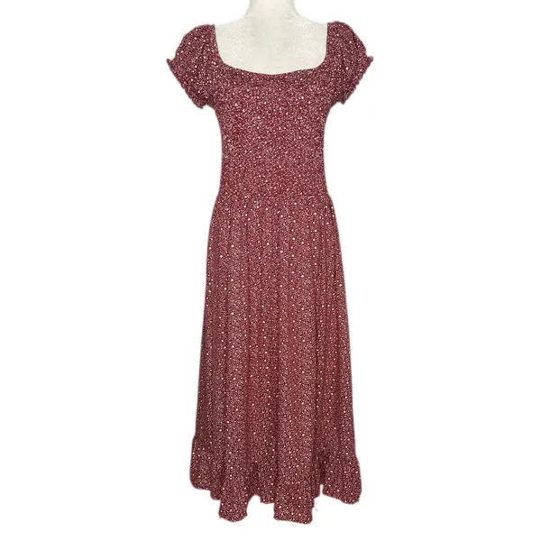 Urban Outfitters Large Rust Red Floral Smocked Dress Puff Sleeves Midi Maxi - Image 3