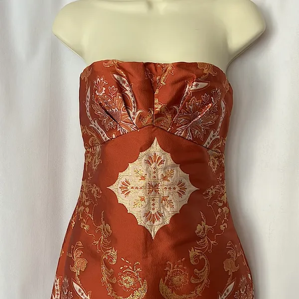 Free People Gorgeous Burnt Orange Brocade Strapless Mini Dress **Size 0** 🔥🔥 - Image 3