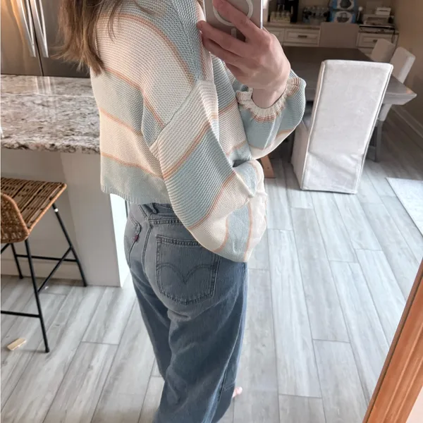 KITTENISH Blue Cream Striped Cropped Knit Sweater Women’s Small - Image 5