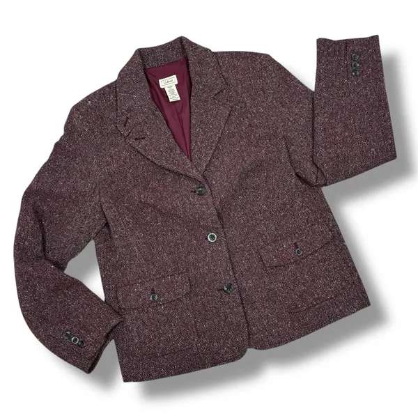 Vintage L.L. Bean Tweed‎ Blazer Large Burgundy Herringbone Wool Silk Blend Maroo - Image 13