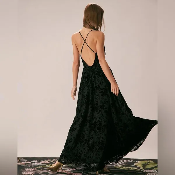 RIHOAS The Black Floral Flocked Mesh Slit Maxi Dress XS 37 - Image 3