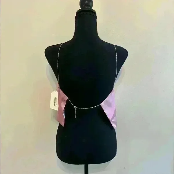 Backless Satiny Pink Crop Tank with Jeweled Spaghetti Straps Size S - Image 9