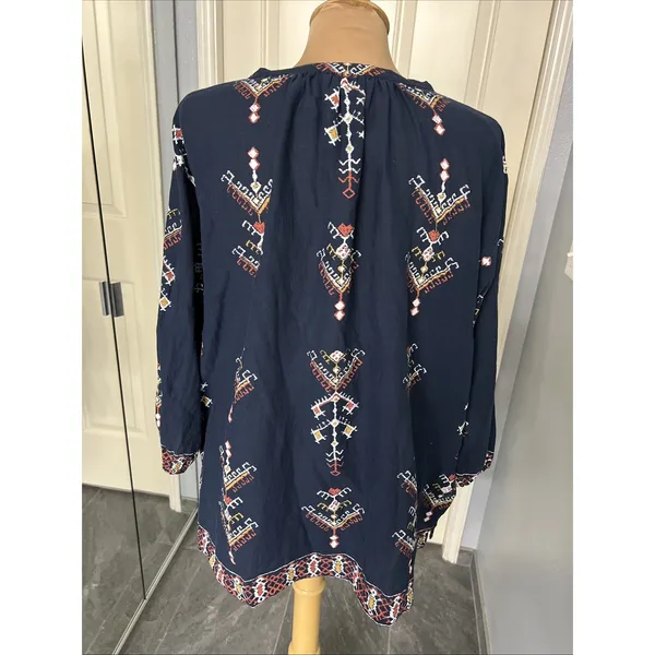 Madewell Women's Navy Embroidered Peasant Top‎ Size Medium Aztec Southwest Boho - Image 6