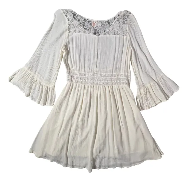 True Destiny Mini Dress Womens Medium Ivory Boho Lace Bell Sleeve Crochet‎ Gauze - Image 2