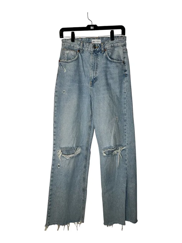 Zara TRF High Waist Wide Leg Distressed Jeans Raw Hem Light Wash US 6 EUC - Image 2
