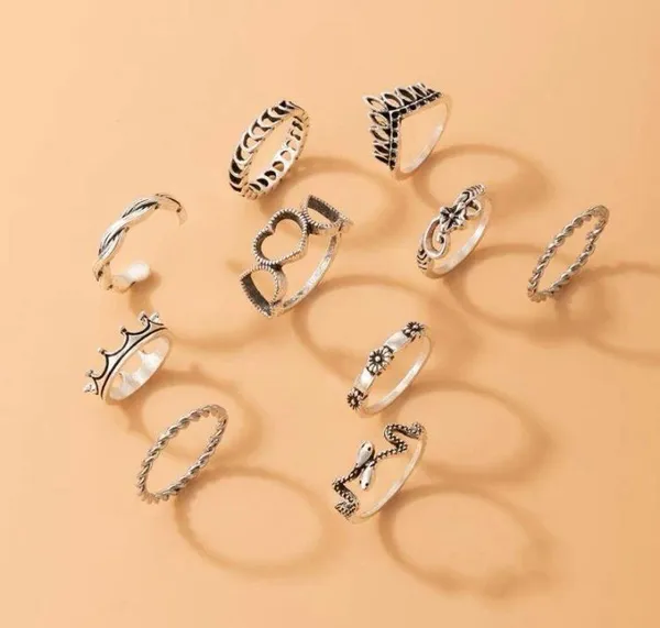 Set of 10 rings, snake, flower, heart, braid, crown, silver - Image 3